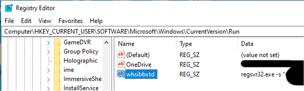 View of Registry Editor for the HKEY_CURRENT_USERSOFTWAREMicrosoftWindows
CurrentVersionRun key.

Value Name: whsibbxtd
Value Data: regsvr32.exe -s "<Censored>"
